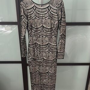 Metallic Black and Silver Long Sleeve Sequin Bodycon Dress